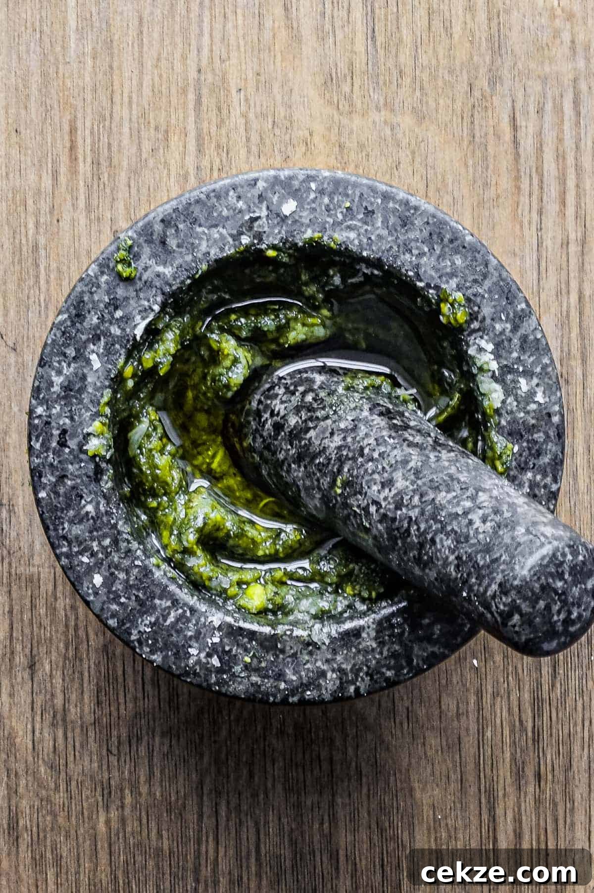 Pasta with Pistachio Pesto | cookeatworld.com A pestle and mortar with Italian Pistachio Pesto