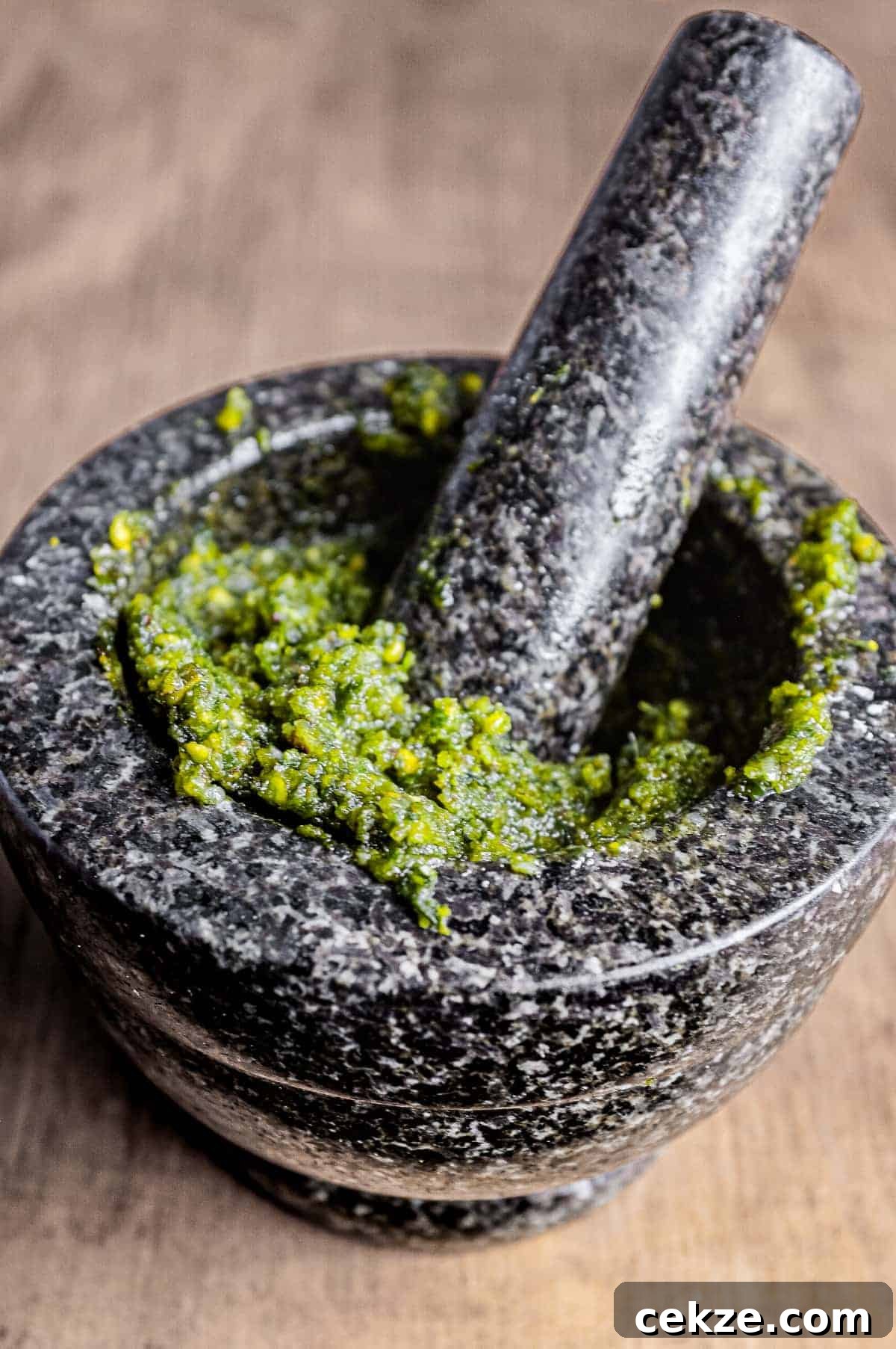 Pasta with Pistachio Pesto | cookeatworld.com A pestle and mortar with Italian Pistachio Pesto