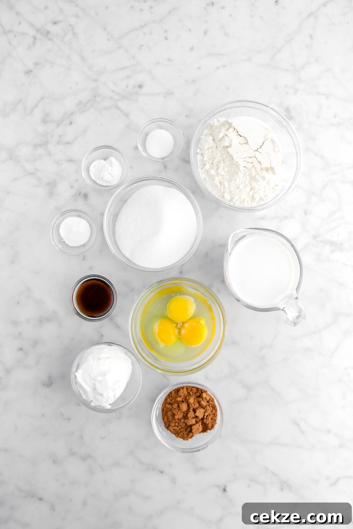 flour, salt, baking powder, baking soda, sugar, milk, eggs, vanilla, shortening, and cocoa powder