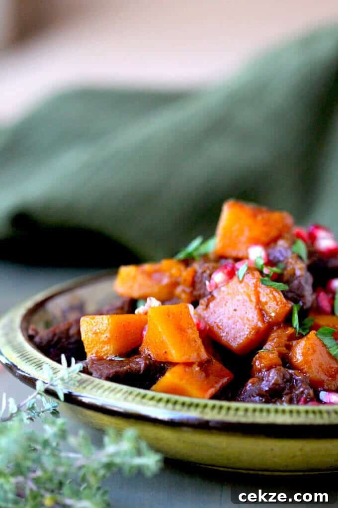 Butternut Squash Beef Stew with Cinnamon and Pomegranates - perfect comfort winter food - Innocent Delight