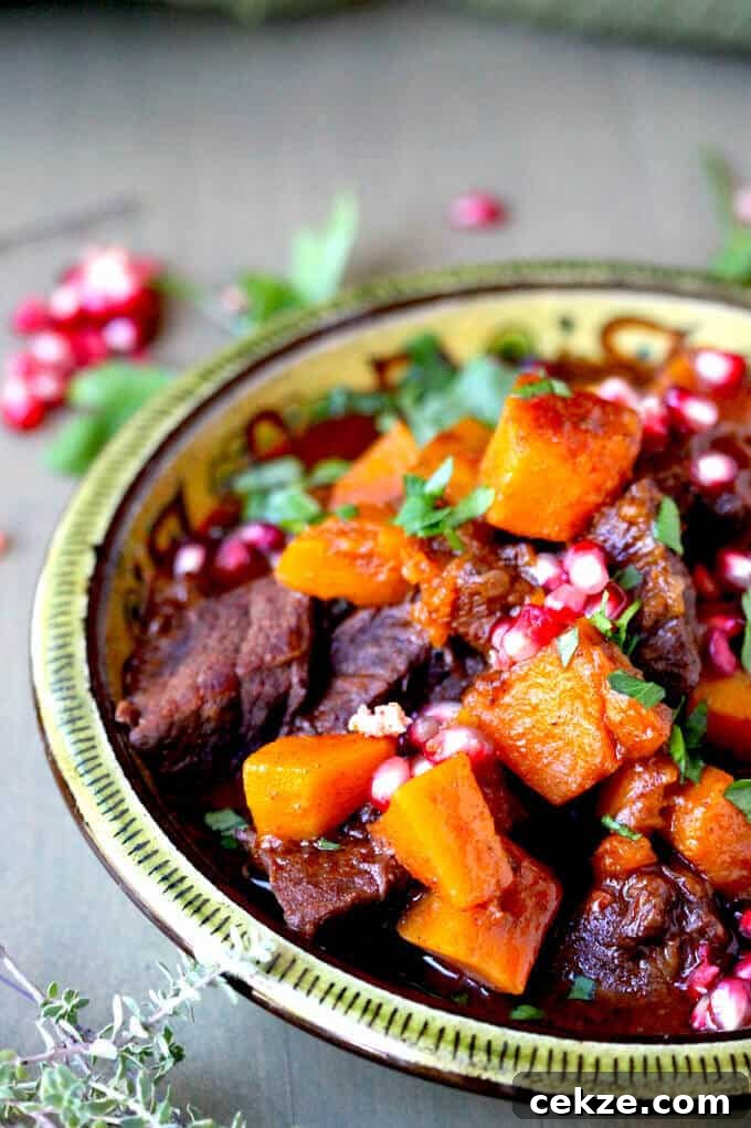 Butternut Squash Beef Stew with Cinnamon and Pomegranates - perfect comfort winter food - Innocent Delight