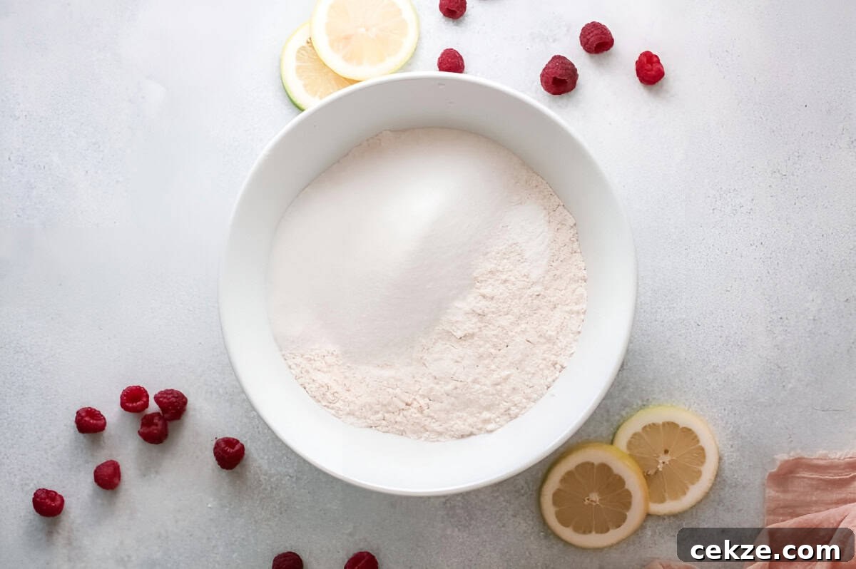 flour and sugar in a white bowl.