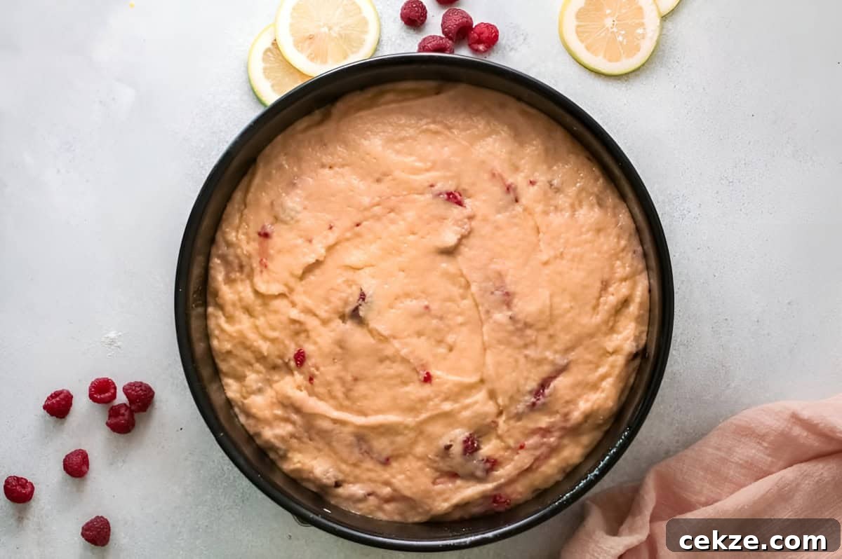raspberry olive oil cake batter in a round baking pan.