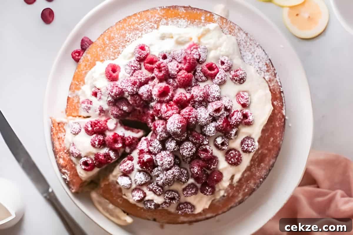 overhead view of raspberry olive oil cake topped with whipped cream and fresh raspberries on a cake stand.