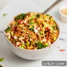 Close up of a bowl of vegetable curry fried rice topped with scallions and cashews.