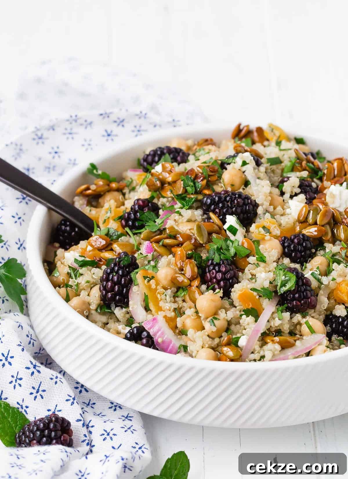 Quinoa and Chickpea Salad with Blackberries and Candied Pepitas 3 Colorful quinoa salad in a white bowl with a black spoon.