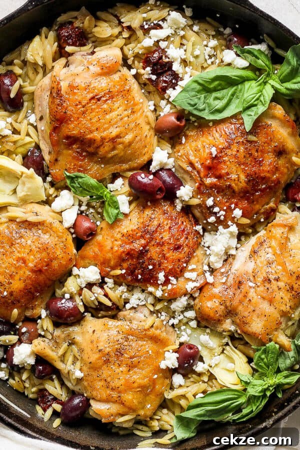 Top down shot of a kalamata lemon chicken orzo skillet with feta cheese and fresh basil on top.