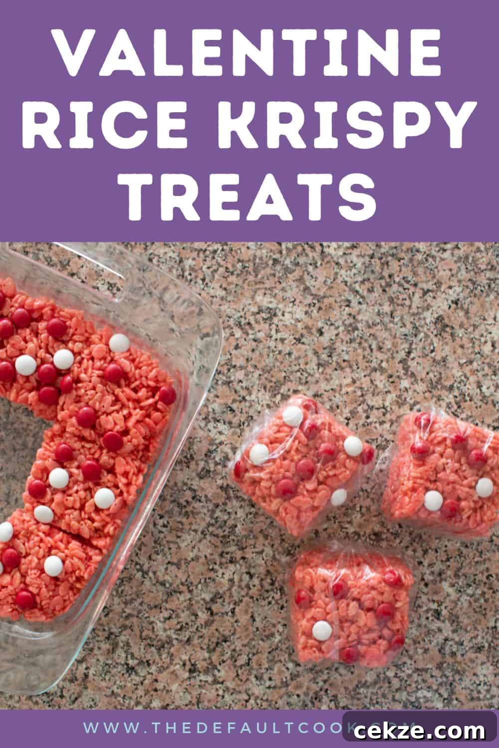 Valentine Rice Krispie Treats: Simple Heart-Shaped Dessert Recipe 10 A dish of pink Rice Krispy treats with red and white candy decorations sits on a granite countertop beside three individually wrapped squares. Text reads: “Valentine Rice Krispy Treats.”.