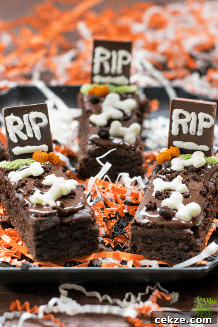 Tray of Gluten Free Tombstone Brownies with bones