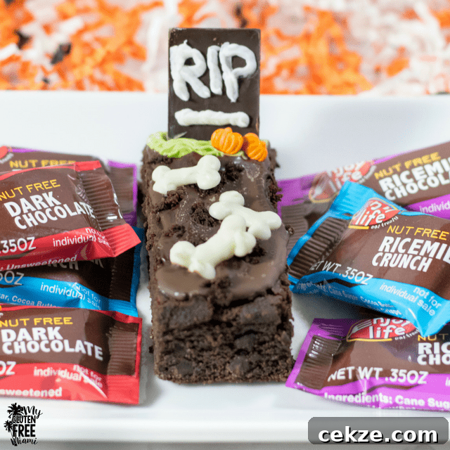 Spooky Tombstone Brownie with Chocolate Tombstone and Enjoy Life Mini Chocolate Bars