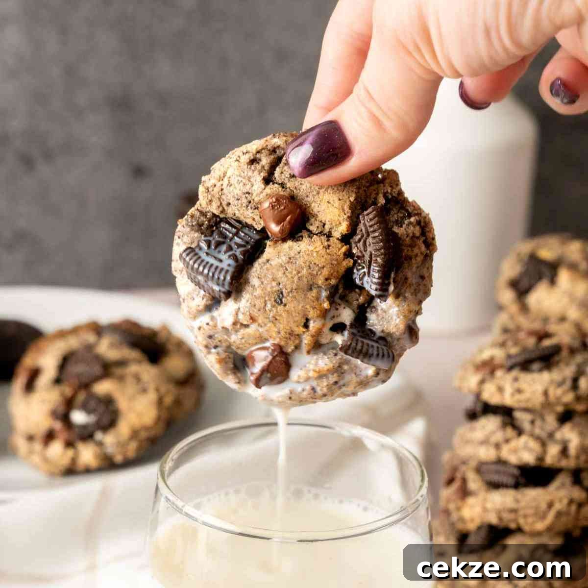 A manicured hand dipping an Oreo Chocolate Chip Cookie into a glass of milk.