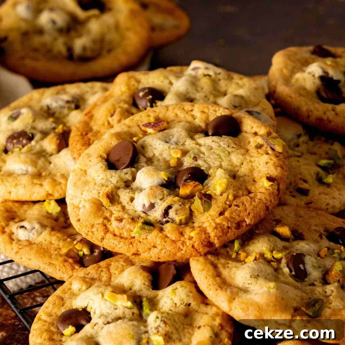 Pistachio chocolate chip cookies stacked on a square cooling rack.