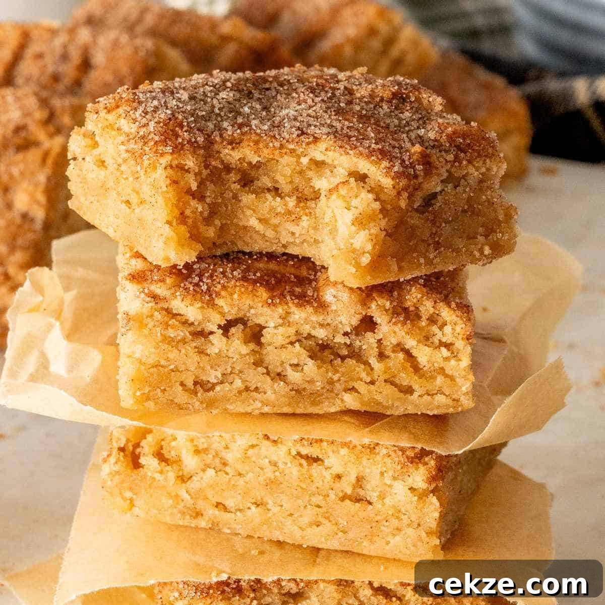 Three snickerdoodle blondies stacked with unbleached parchment paper between them.