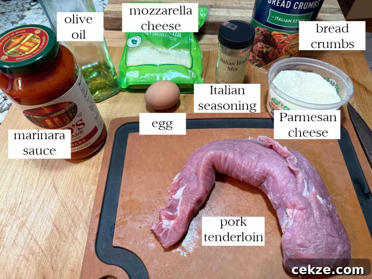 Crispy Pork Parmigiana with Tenderloin and Tomato-Basil Sauce 3 Ingredients needed with labels.