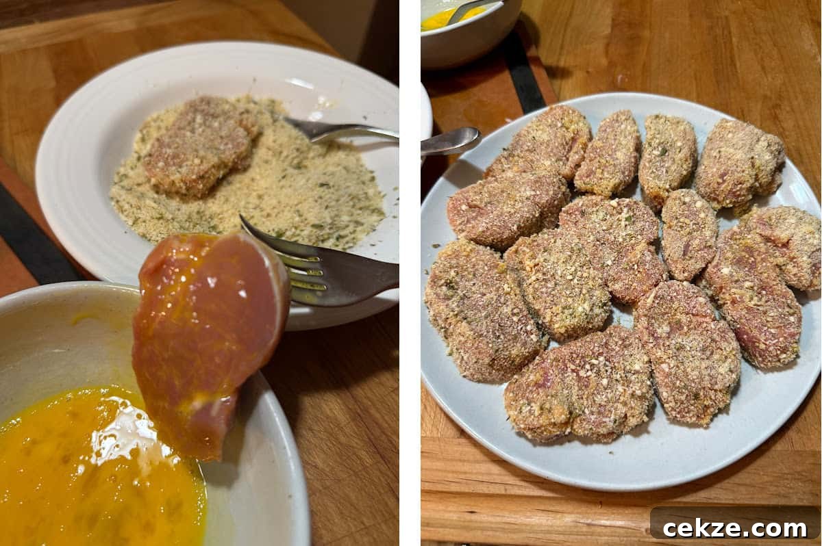 Crispy Pork Parmigiana with Tenderloin and Tomato-Basil Sauce 5 Coating the pork medallions with the breadcrumb mixture.