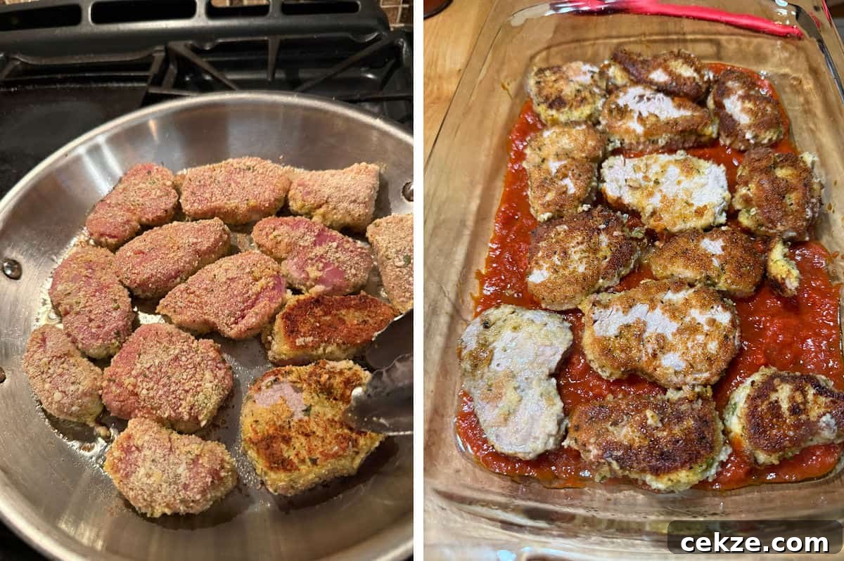 Crispy Pork Parmigiana with Tenderloin and Tomato-Basil Sauce 6 Browning the coated pork.