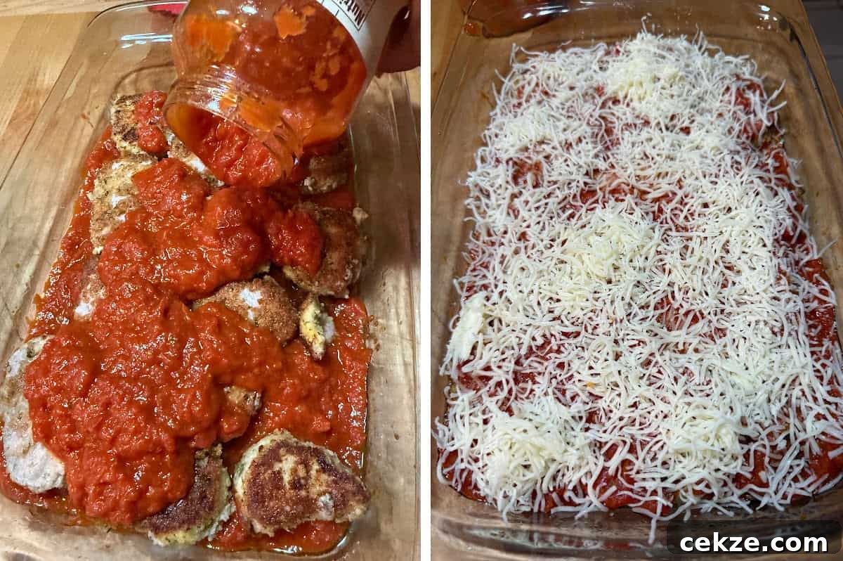 Crispy Pork Parmigiana with Tenderloin and Tomato-Basil Sauce 7 Adding the rest of the sauce and cheese to the baking dish.