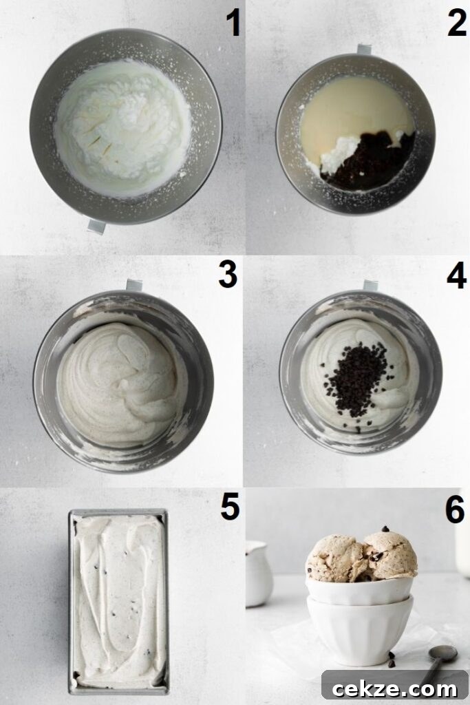 a collage of 6 photos showing the steps to make coffee flavored ice cream