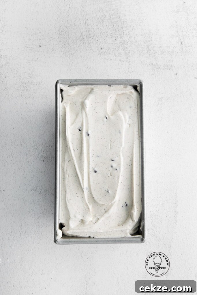 top down view of coffee flavored ice cream in a metal pan