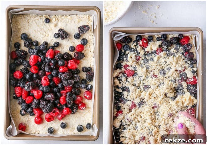 adding berry filling and crumb topping
