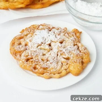 funnel cake with powdered sugar on white plate