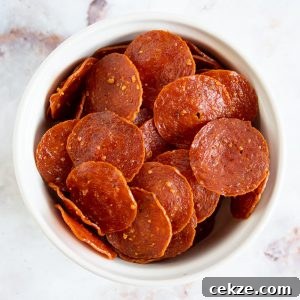 overhead view of pepperoni chips close up