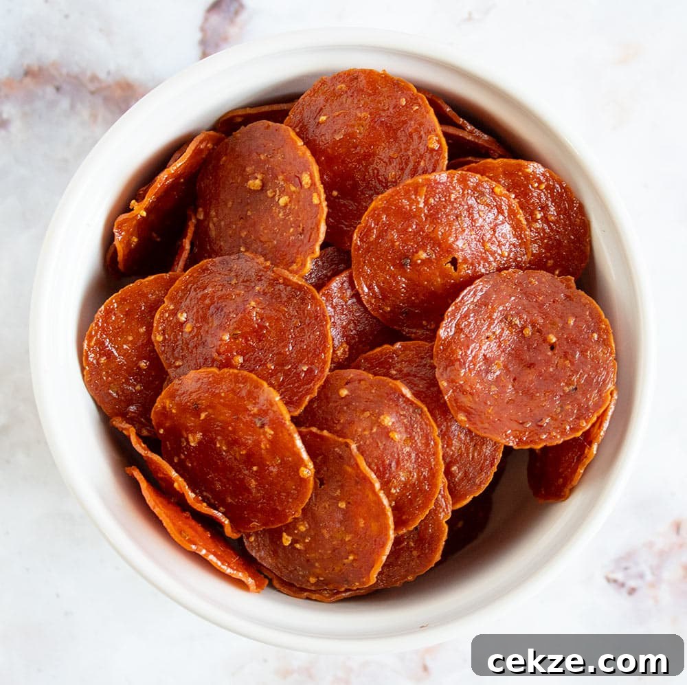 overhead view of pepperoni chips close up