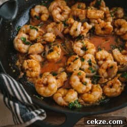 Camarones al Mojo de Ajo (Mexican-Style Garlic Shrimp) in a cast iron skillet
