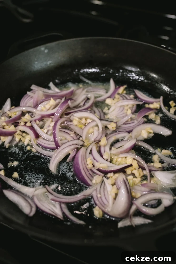 saute garlic and onion in a cast iron skillet. 