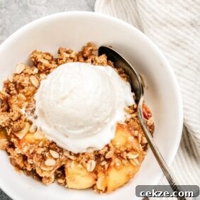 bowl of peach crisp, scoop of vanilla ice cream