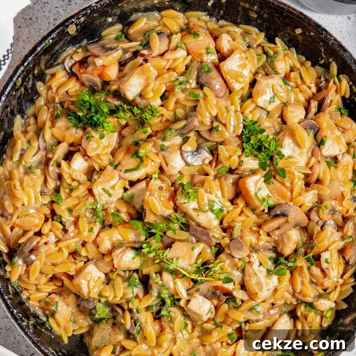 Overhead view of process shot 7 - finished orzo pasta dish garnished with more fresh herbs in a large skillet.