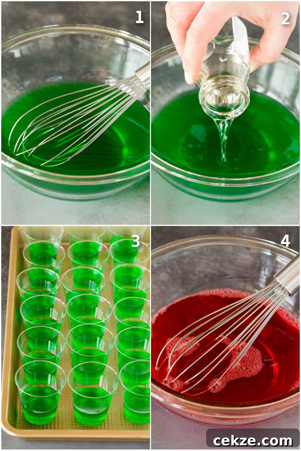 Festive Christmas Jello Shot Recipes for Holiday Parties 4 Green jello being made and poured into shot cups.