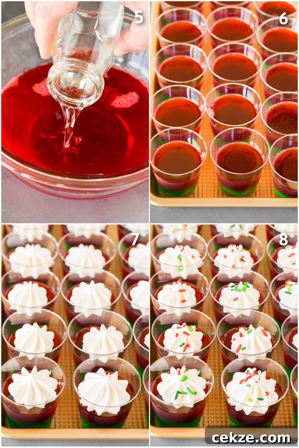Festive Christmas Jello Shot Recipes for Holiday Parties 5 Red gelatin being made and layered into cups with whipped cream.