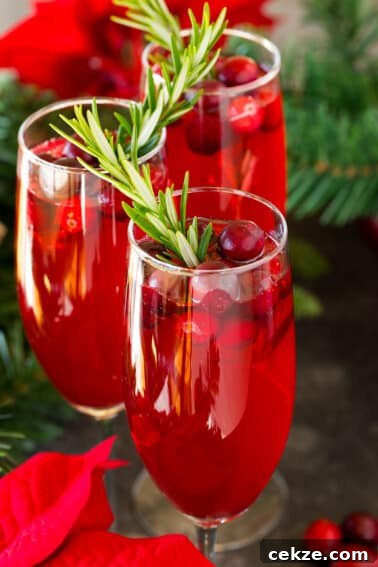 Festive Christmas Jello Shot Recipes for Holiday Parties 7 Poinsettia cocktail in champagne flutes garnished with fresh cranberries and rosemary.
