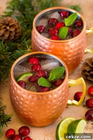 Festive Christmas Jello Shot Recipes for Holiday Parties 9 Mugs of cranberry moscow mule topped with fresh cranberries.