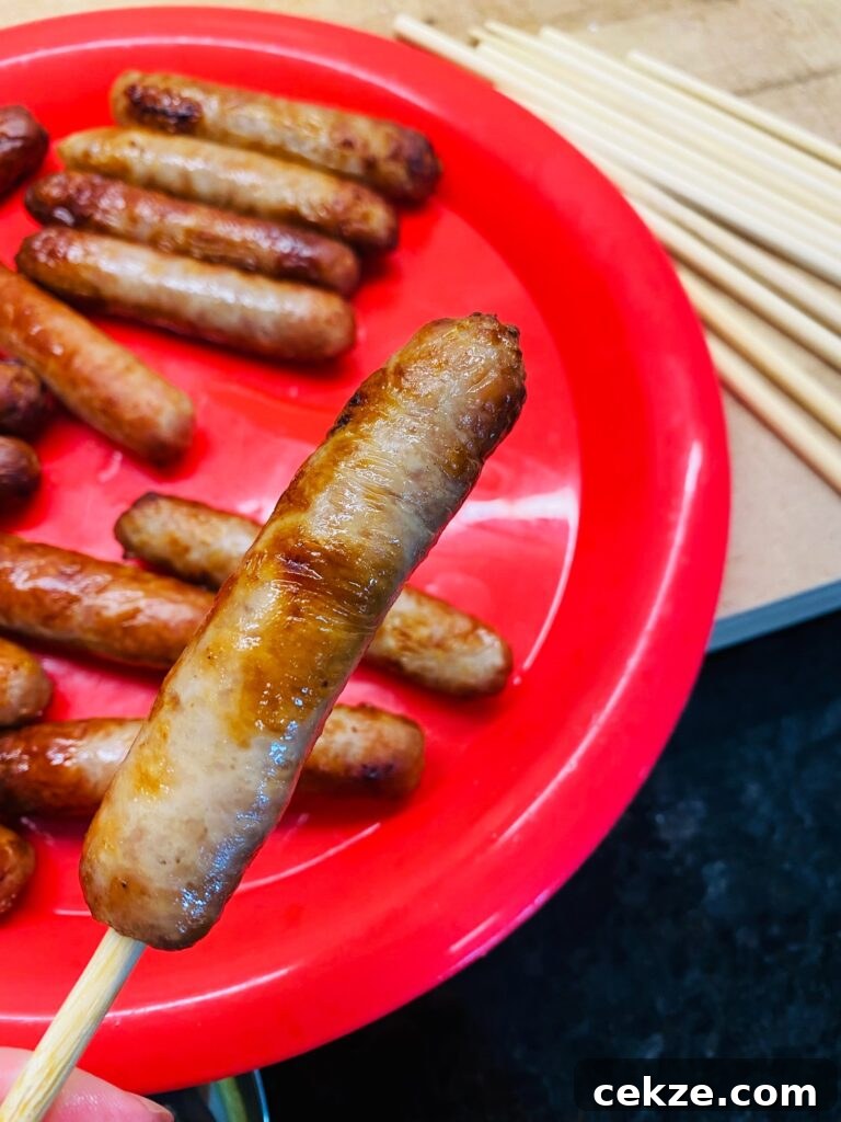 Crispy Sausage Pancake Corn Dogs Recipe 5 sausage link on a corn dog stick