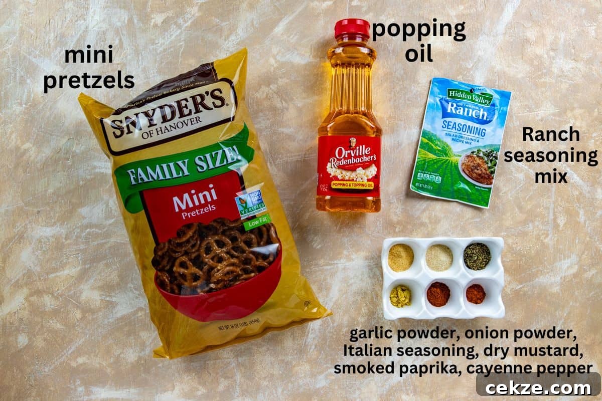 Cracked Pretzel Snack Recipe: Sweet-Salty Caramel Pretzels 3 Ingredients measured out in individual containers and labeled.