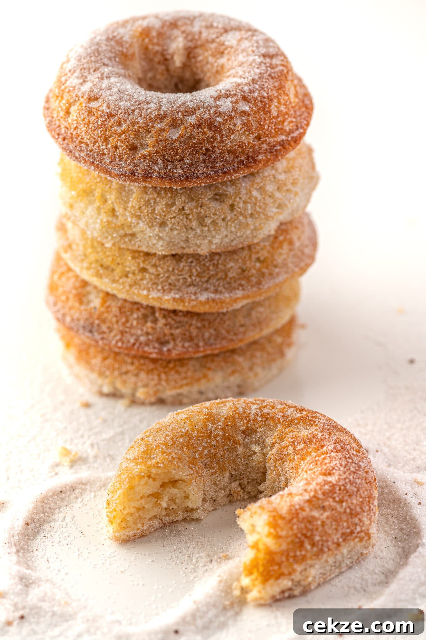 A stack of sugar free donuts against a bright white background with sprinkled cinnamon sugar all over the table. 