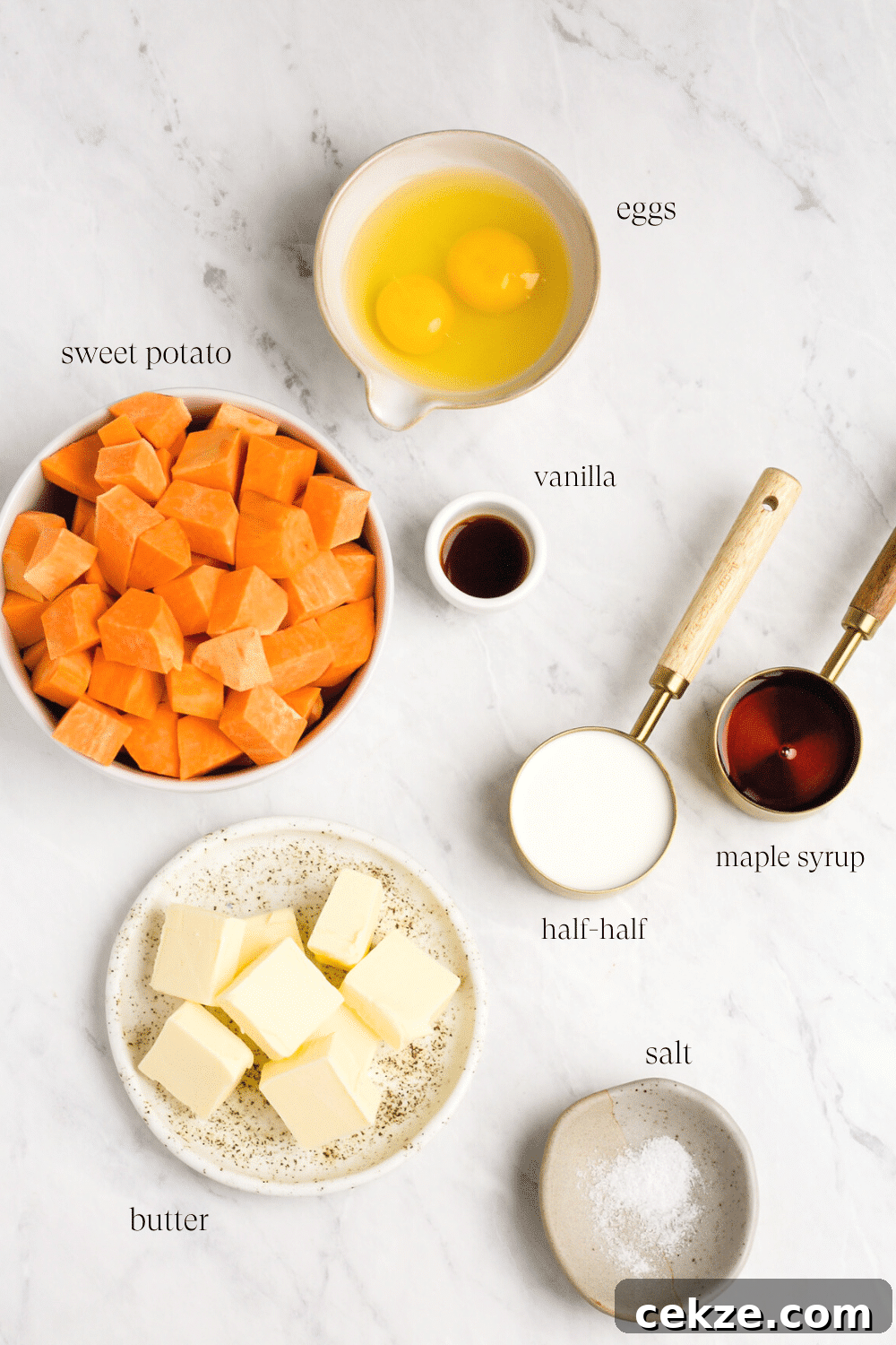 overhead view of the ingredients for the sweet potato casserole