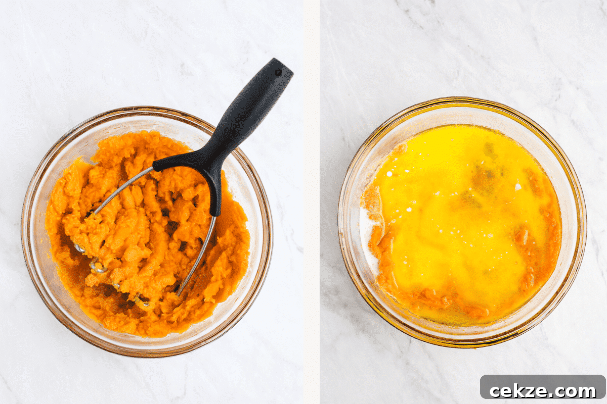 photo side by side of mashed sweet potato and all the ingredients on a bowl