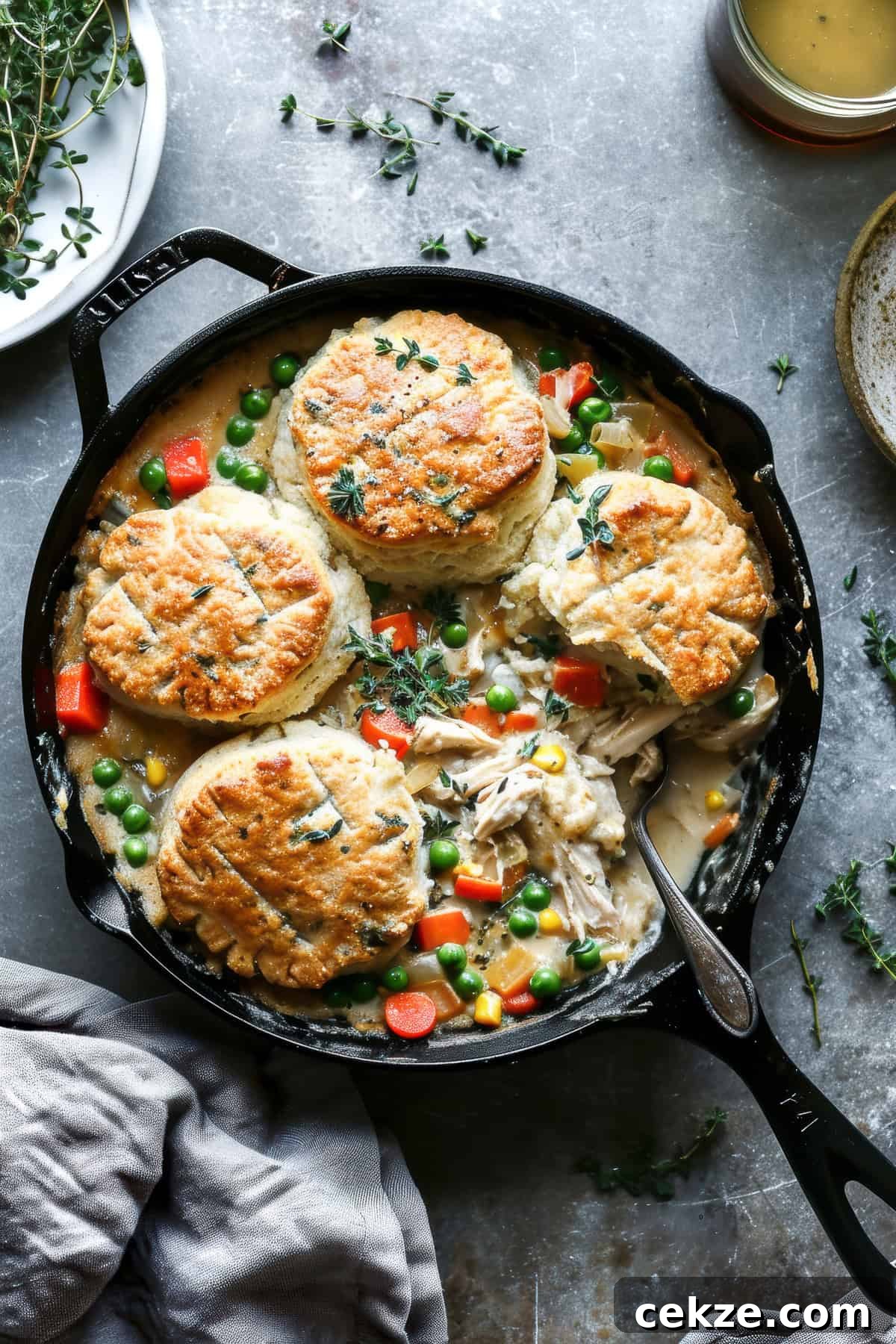 Chicken pot pie with biscuits in a skillet.