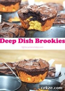 Deep Dish Brookies are a chewy chocolate chip cookie and a fudgy chocolate brownie baked in a muffin tin for the deep dish effect. Deep dish also means a soft, gooier, fudgier center! #thebest