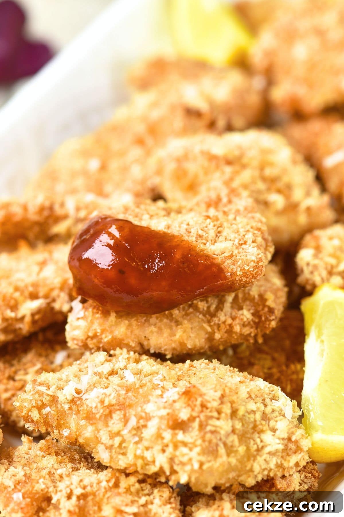 Gluten-Free Turkey Nuggets Recipe Up close view of gluten-free turkey nuggets dipped in ketchup.