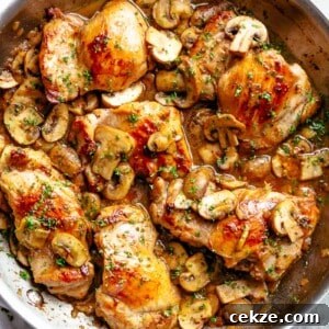 Golden seared chicken thighs with buttery garlic mushroom sauce with a sprinkle of herbs Served over rice, pasta, mashed potatoes or lower carb options like mashed cauliflower or zucchini noodles!