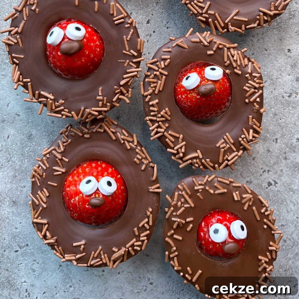 Strawberries decorated with candy eyes and chocolate noses are nestled in round chocolate nests with sprinkles.