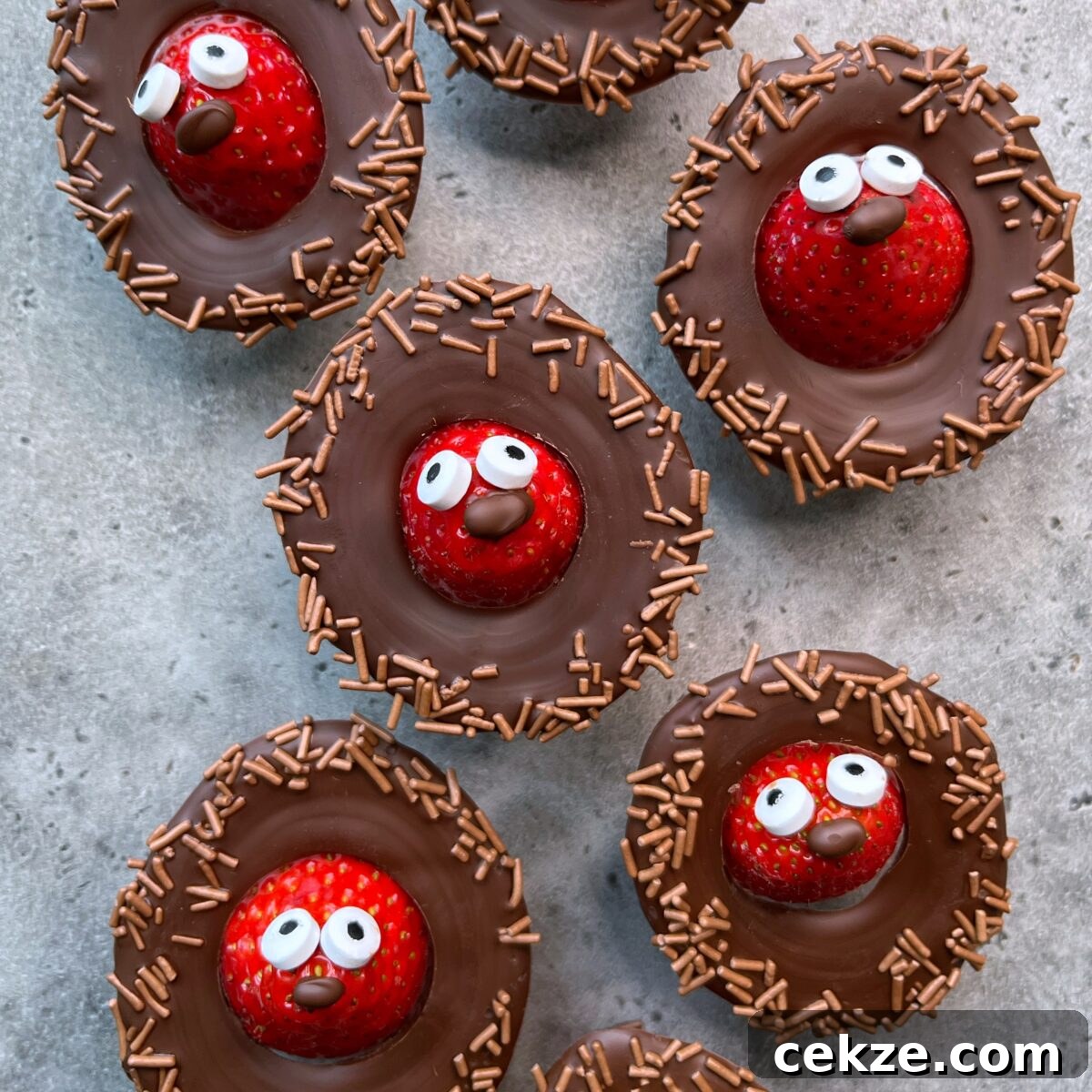 Chocolate-covered strawberry bites topped with candy eyes, brown sprinkles, and cartoon-like facial expressions arranged on a gray surface.
