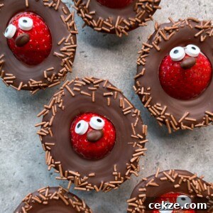 Chocolate nests with strawberries in the center, decorated with candy eyes and chocolate sprinkles, make fun and creative bites that resemble birds sitting in nests—delightful for anyone who loves playful food recipes.