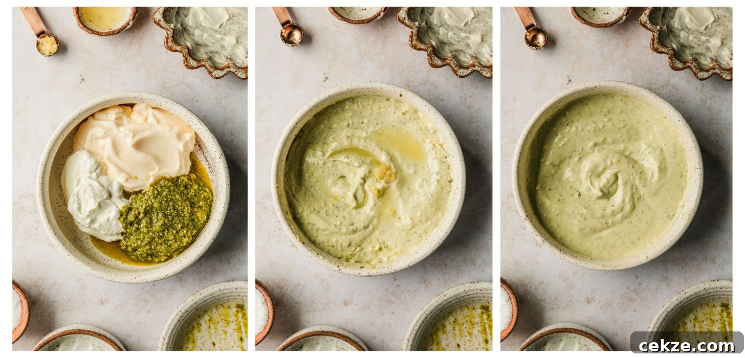 Three steps to making pesto dip. In photo 1, a white bowl has pesto, mayo, and yogurt on a tan counter next to white and brown bowls. In photo 2, the dip is mixed and topped with lemon juice and garlic. In photo 3, the dip is mixed.