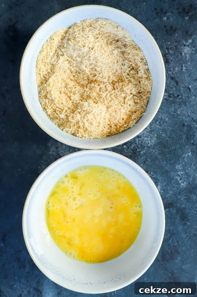 bread crumbs and eggs in bowls for dredging