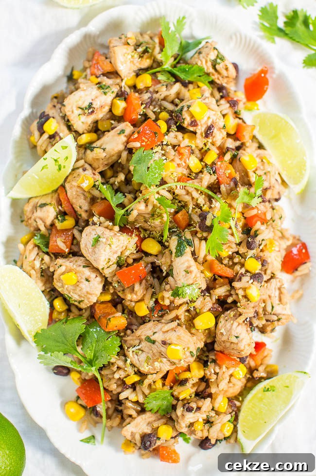 Lime Cilantro Chicken with Mixed Rice and Black Beans on a serving platter.